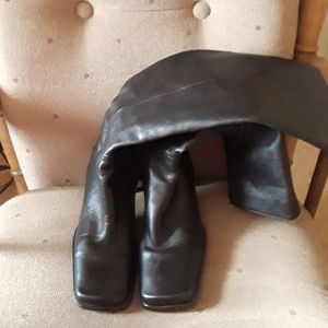 Black Nine West Square Toe, Chunky Heel, Tall Shaft Leather Boots